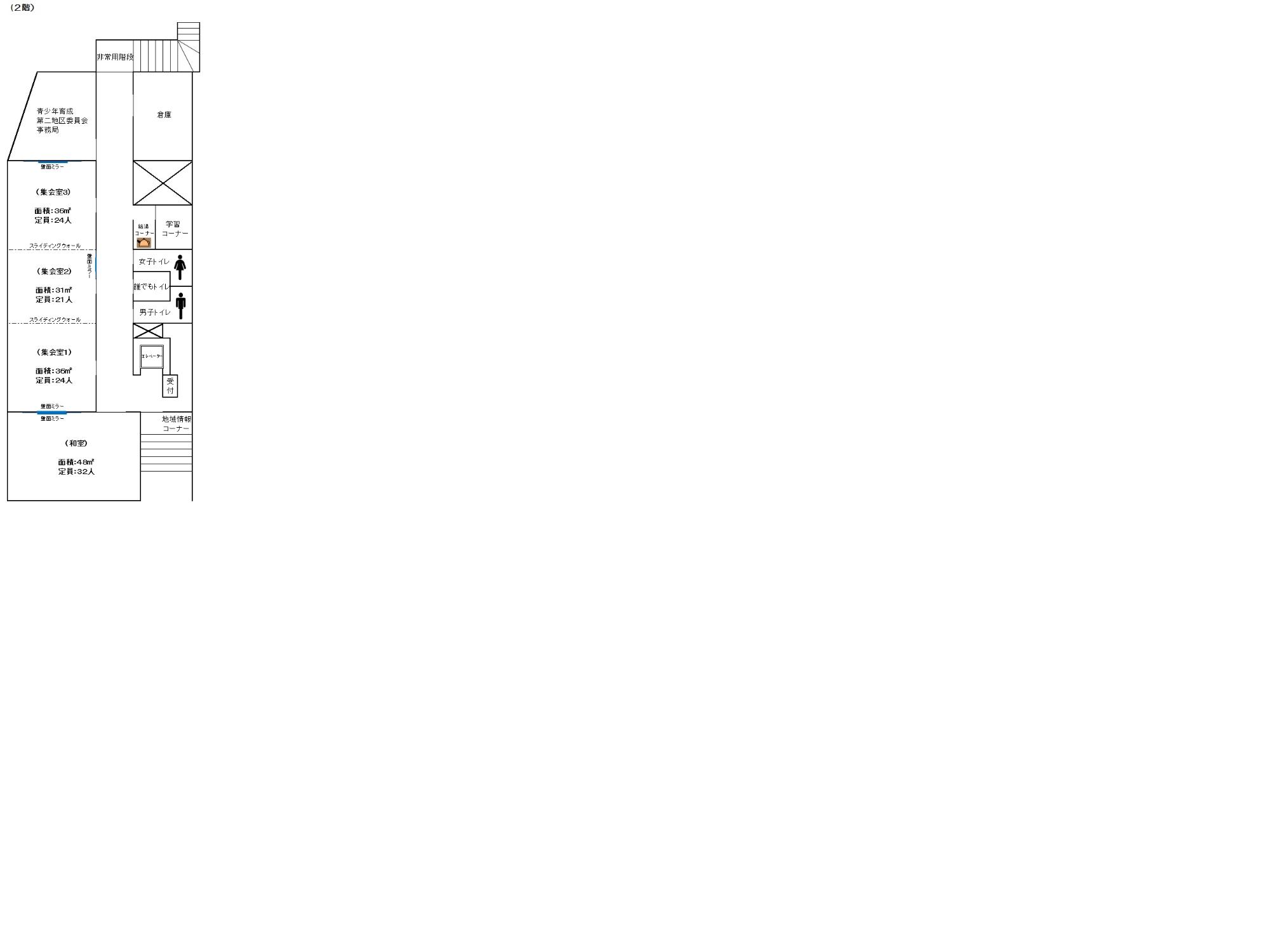 早宮地域集会所屋内図（2階和室・集会室・地域情報コーナー・学習コーナー・給湯室）