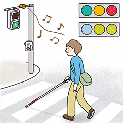 白杖を持った人が音声式信号のある横断歩道を渡っているイラスト