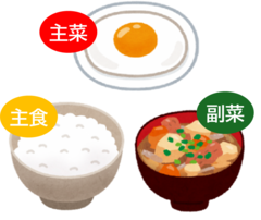 主食(ごはん)主菜(目玉焼き)副菜(具だくさんみそ汁)イラスト