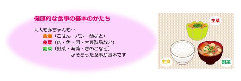 ごはん（主食）・納豆（主菜）・野菜のみそ汁（副菜）のイラスト