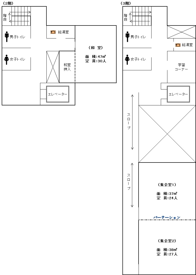 旭町地域集会所屋内図（2階和室・地域情報コーナー・給湯室、3階集会室・給湯室）