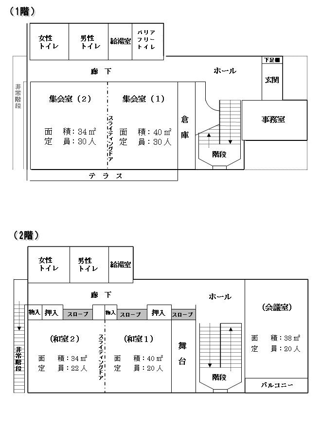土支田地域集会所屋内図（1階集会室・給湯室・誰でもトイレ、2階会議室・和室・給湯室）