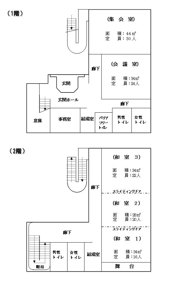 上石神井北地域集会所屋内図（1階集会室・会議室・誰でもトイレ・給湯室　2階和室・給湯室）