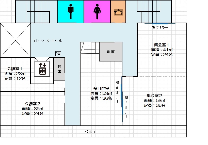 上石神井南地域集会所屋内図（2階地域情報コーナー・学習コーナー、3階和室・集会室・給湯室）