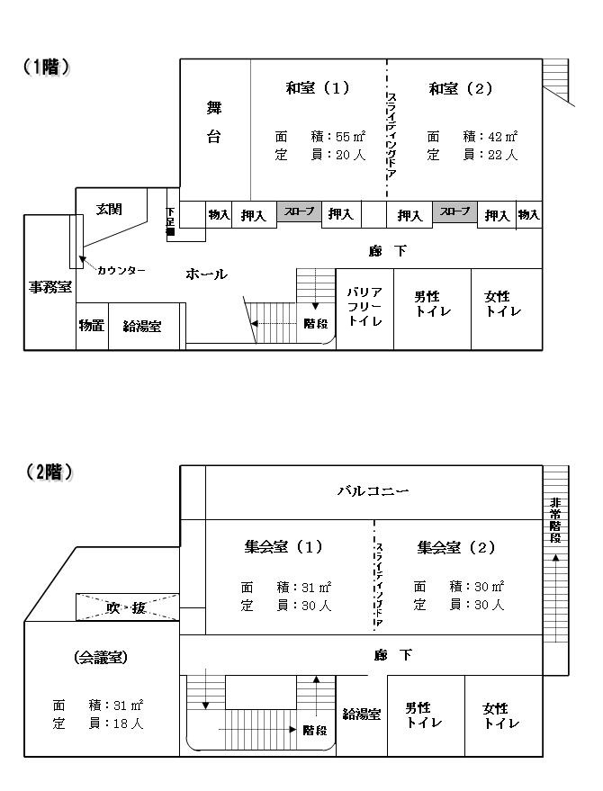 北町地域集会所屋内図（1階和室・給湯室・誰でもトイレ、2階集会室・会議室・給湯室）