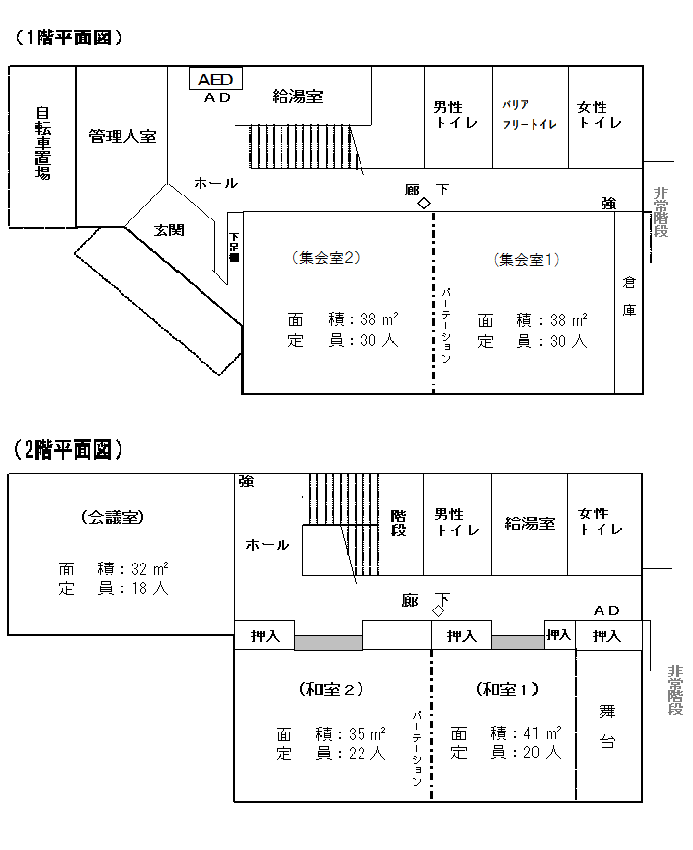 向山地域集会所施設屋内図（1階集会室・給湯室・誰でもトイレ、2階会議室・和室・給湯室）