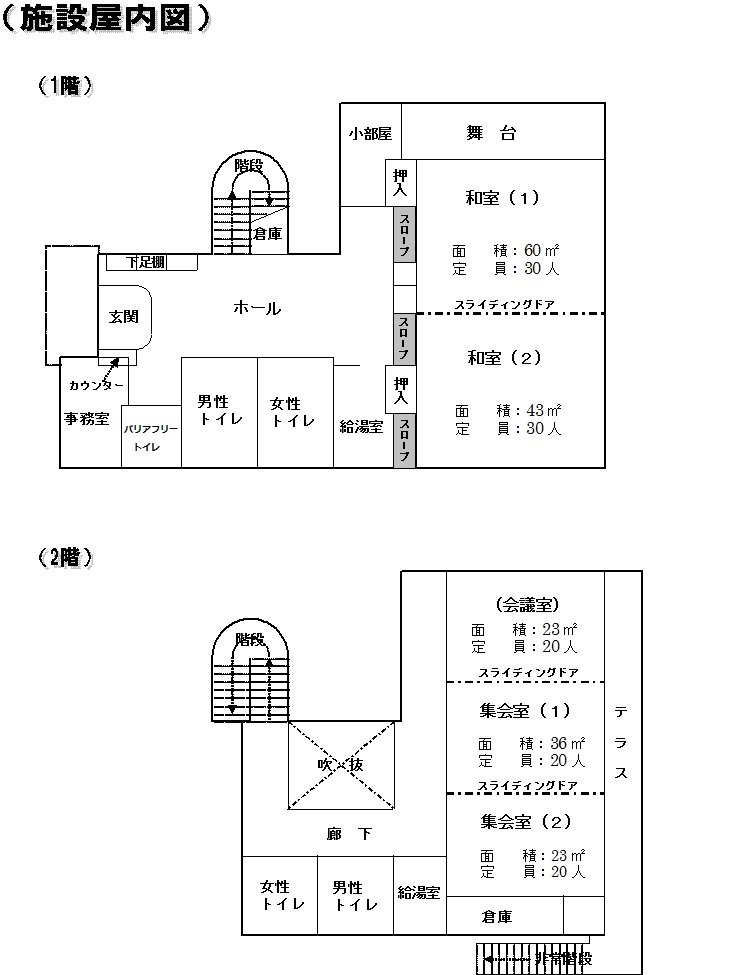 大泉学園町地域集会所屋内図（1階和室・給湯室・誰でもトイレ、2階集会室・会議室・給湯室）