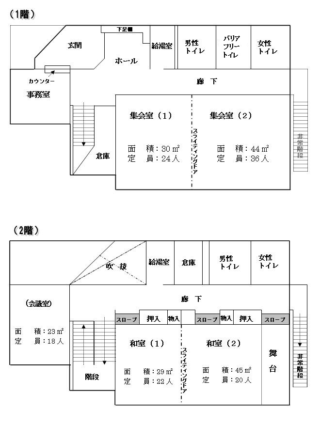大泉町地域集会所屋内図（1階集会室・給湯室・誰でもトイレ、2階和室・会議室・給湯室）