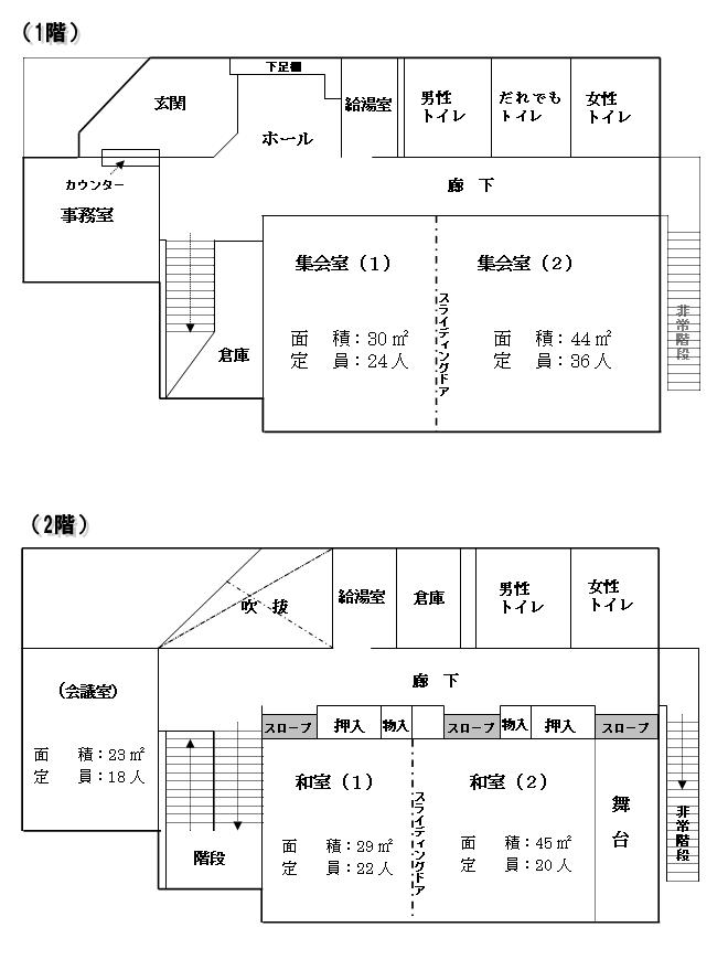 大泉町地域集会所屋内図（1階集会室・給湯室・誰でもトイレ、2階和室・会議室・給湯室）