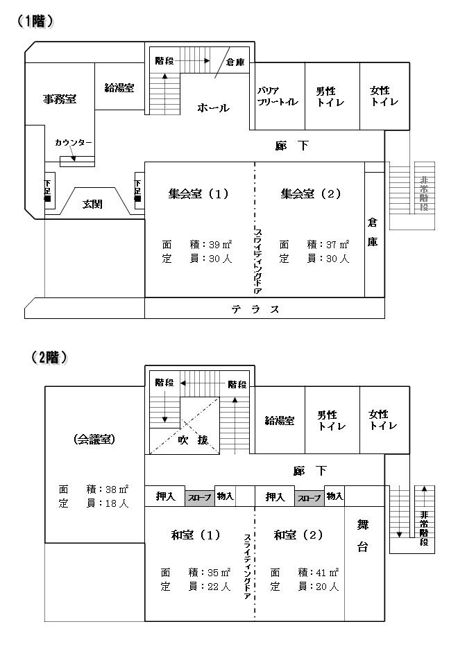 高野台地域集会所屋内図（1階集会室・給湯室・誰でもトイレ、2階会議室・和室・給湯室）