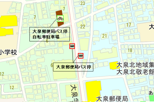 大泉郵便局バス停周辺の区立自転車駐車場案内図
