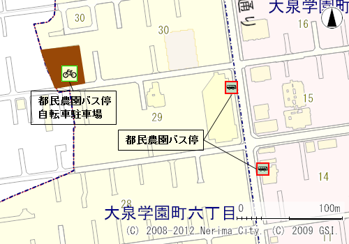 都民農園バス停周辺の区立自転車駐車場案内地図